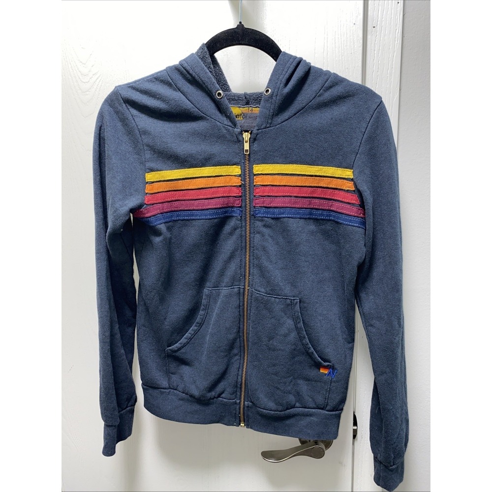 Aviator Nation Rainbow Stripe Zip Hoodie Youth 14 Blue Fleece Sweatshirt Jacket